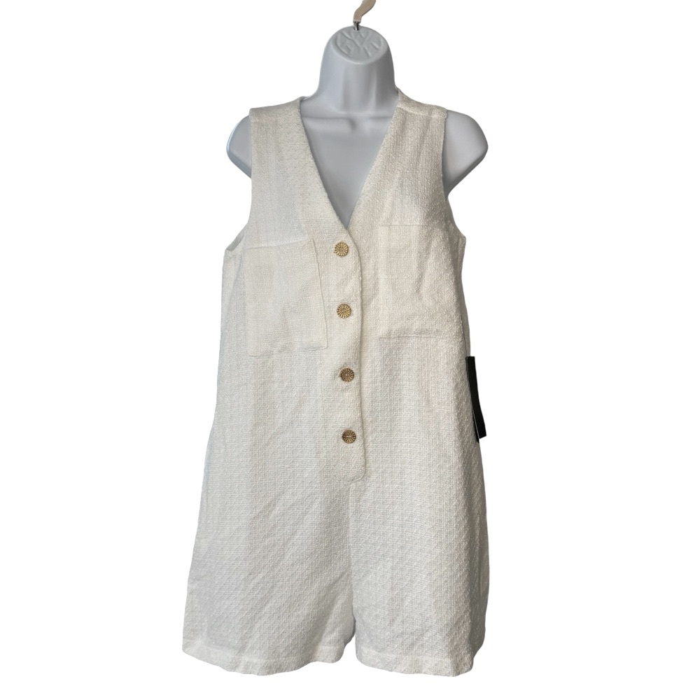 Tuckernuck NEW White Textured Tweed V Neck Myla Minimalist Romper - Picture 4 of 10
